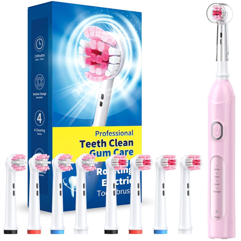 TEETHEORY Rotating Electric Toothbrush for Adults with 8 Brush Heads 2 Types 4 Modes Deep Clean Electric Toothbrush with Rechargeable Power and 2 Min Smart Timer 2 Cherryblompink p1