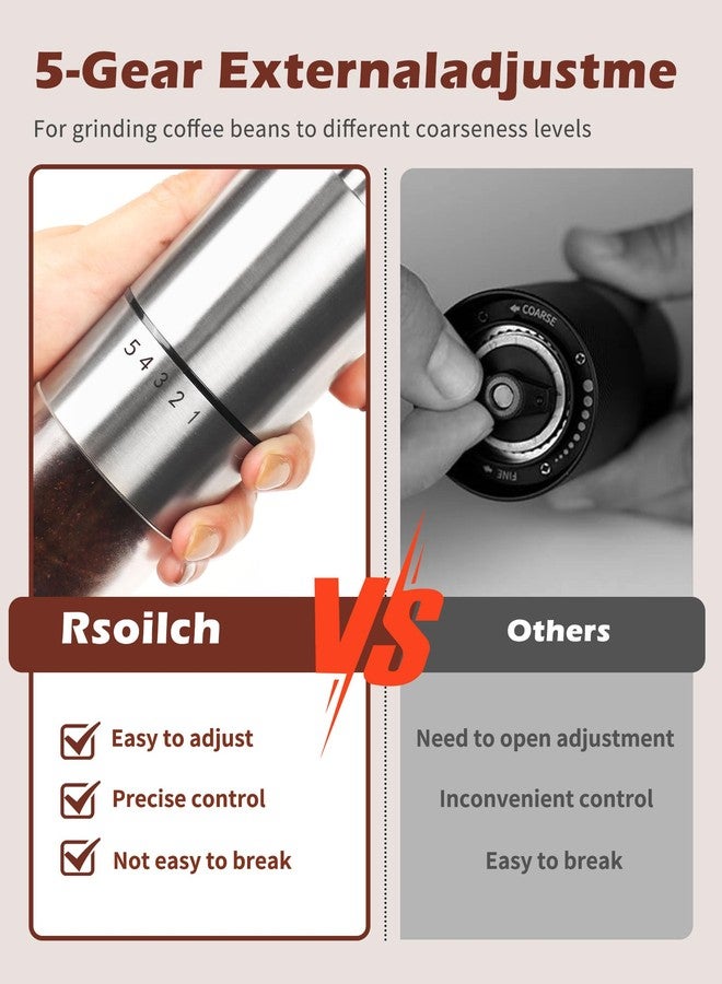مطحنة قهوة يدوية من الفولاذ المقاوم للصدأ من Rsoilch، مثالية لتحضير الإسبريسو والقهوة الفرنسية، بخمسة إعدادات قابلة للتعديل، مزودة بشفرة طحن مدمجة، للاستخدام المنزلي والسفر والتخييم، مطحنة حبوب قهوة يدوية. - Image 5