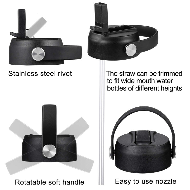 FLORAPELL Straw Lid for Hydro Flask Wide Mouth Water Bottles, Top Lids with Straw Compatible with Hydro Flask 32 41 oz, Replacement Cap Wide Mouth Accessories Flip Lid Flex Handle, Black - Image 3