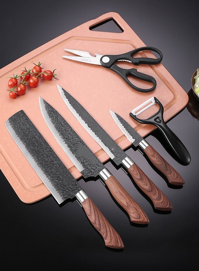 Knife set, European black blade 6-piece chef's bread knife, kitchen shears, fruit knife, paring knife, vegetable knife, knife - Image 2