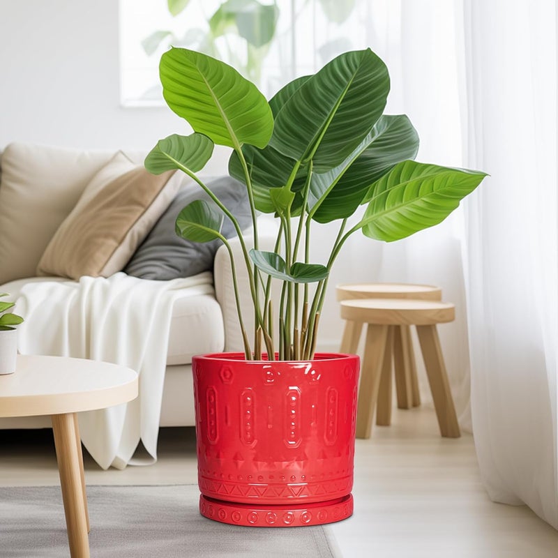 Eightpot 10 Inch Ceramic Planter Pot Plant Pot with Drainage Hole and Saucer, Round Large Flower Pot for Indoor Plants Outdoor Garden Planter Pot, Red - Image 4