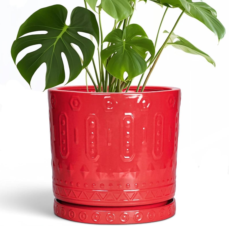Eightpot 10 Inch Ceramic Planter Pot Plant Pot with Drainage Hole and Saucer, Round Large Flower Pot for Indoor Plants Outdoor Garden Planter Pot, Red - Image 1
