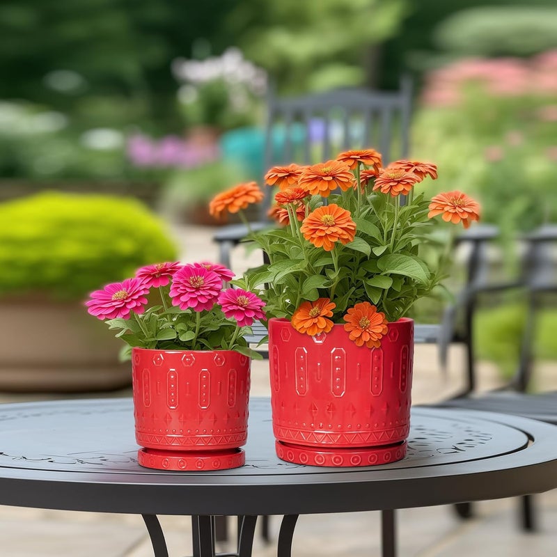 Eightpot 10 Inch Ceramic Planter Pot Plant Pot with Drainage Hole and Saucer, Round Large Flower Pot for Indoor Plants Outdoor Garden Planter Pot, Red - Image 3