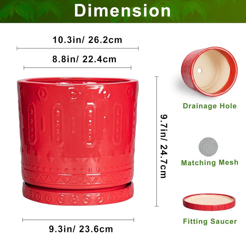 Eightpot 10 Inch Ceramic Planter Pot Plant Pot with Drainage Hole and Saucer, Round Large Flower Pot for Indoor Plants Outdoor Garden Planter Pot, Red - Image 2