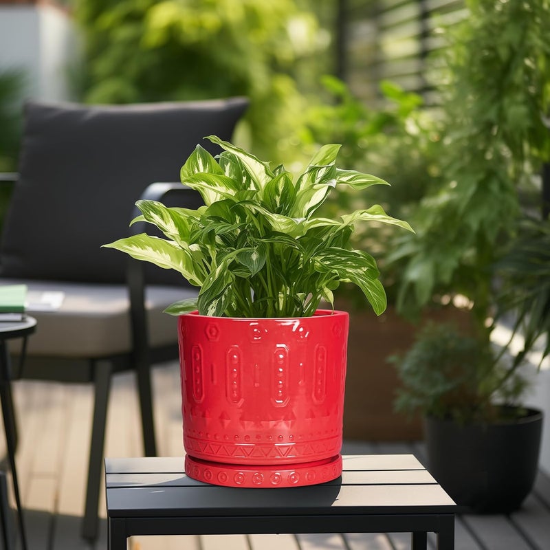 Eightpot 10 Inch Ceramic Planter Pot Plant Pot with Drainage Hole and Saucer, Round Large Flower Pot for Indoor Plants Outdoor Garden Planter Pot, Red - Image 5