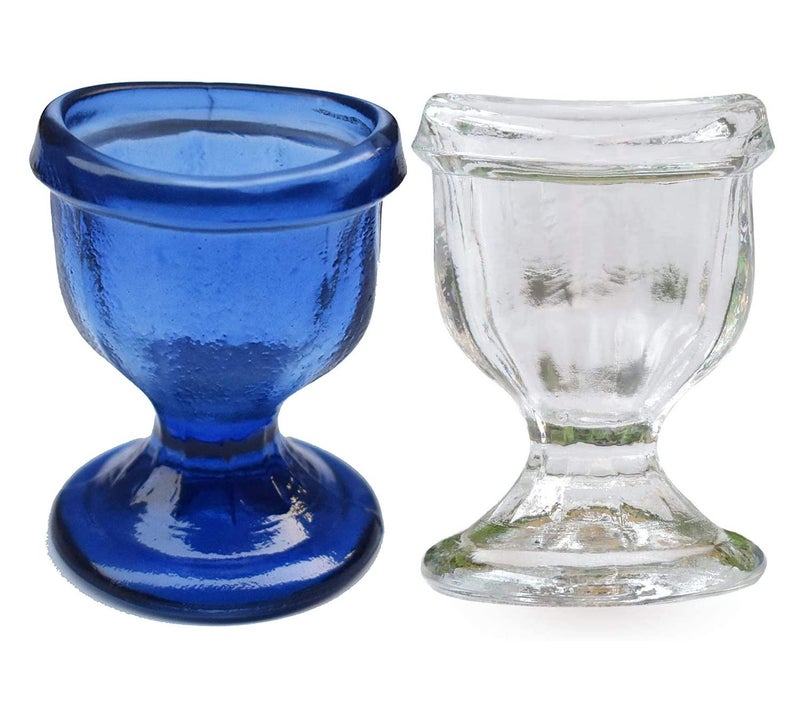 GoodsHealthShop Glass Eye Wash Cup for Keep Your Eyes Clean and Healthy  Soothing Relief from Allergens Irritants Makeup Dust Dry Eyes  Eye Shaped Rim Snug Fit Set of 2 Transparent or Blue - Image 1