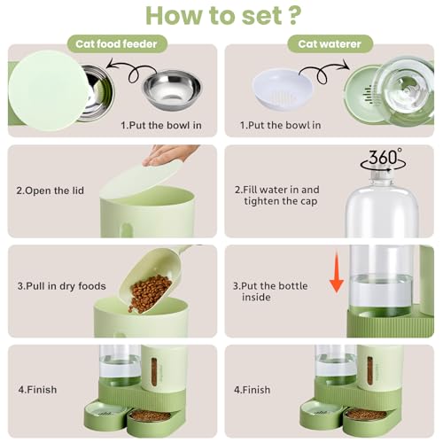 Pawzone 2 Pack Automatic Cat Feeder Stainless Steel Water Dispenser Gravity Food Feeder and Waterer Set with Pet Food Bowl for Small Medium Kitten Puppy Pets Large Capacity(Green) - Image 5