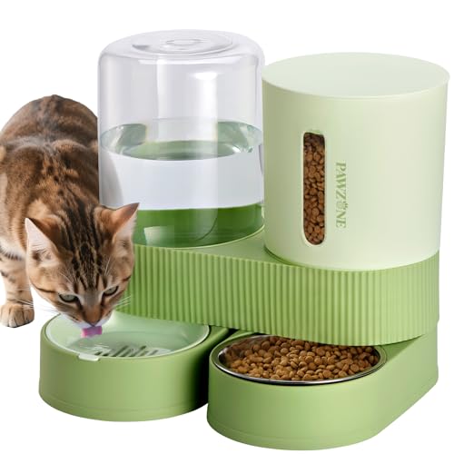 Pawzone 2 Pack Automatic Cat Feeder Stainless Steel Water Dispenser Gravity Food Feeder and Waterer Set with Pet Food Bowl for Small Medium Kitten Puppy Pets Large Capacity(Green) - Image 1