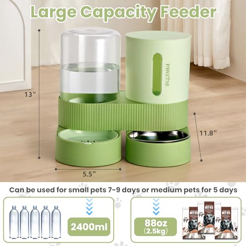 Pawzone 2 Pack Automatic Cat Feeder Stainless Steel Water Dispenser Gravity Food Feeder and Waterer Set with Pet Food Bowl for Small Medium Kitten Puppy Pets Large Capacity(Green) - Image 2