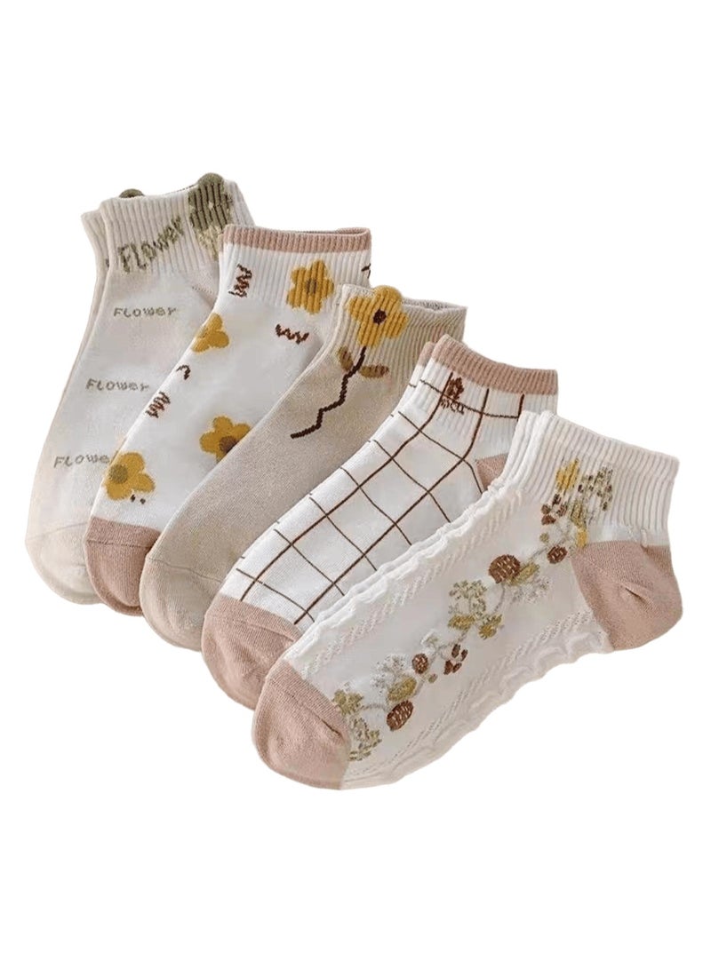 SMARTEDGE Women's floral print ankle socks, summer short socks, ankle-length, very stylish, set of 6 pairs in assorted colors. Modern design.