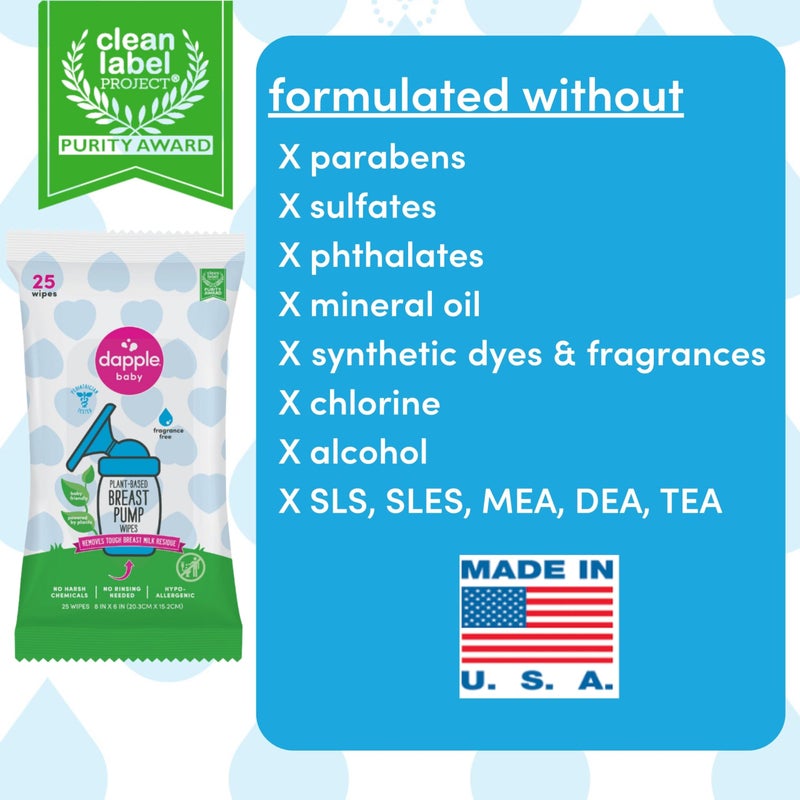 dapple Breast Pump Wipes by Dapple Baby, Hypoallergenic & Powered by Plants, Removes Milk Residue, Leaves No Taste, Convenient Wipes Pouch, Fragrance Free, 25 Count (Pack of 1) - Image 3