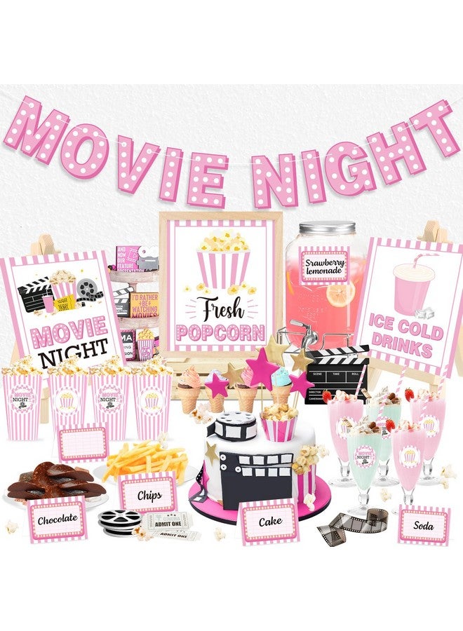 K KUMEED Movie Night Party Decorations-Pink Movie Night Banner Cute Popcorn Sign Ice Cold Drink Toppings Tent Cards Movie Night Stickers for Movie Theme Party Summer Ice Bar Film Party Supplies - Image 1
