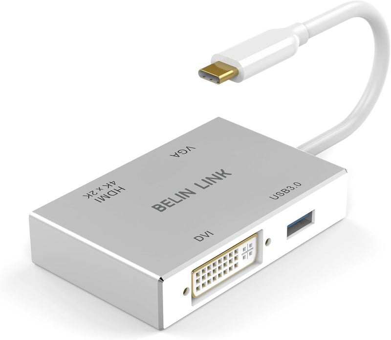BELIN LINK محول USB C إلى HDMI DVI VGA USB3.0، مركز USB 3.1 Type-C 4 في 1 إلى HDMI DVI 4K VGA محول (متوافق مع Thunderbolt 3)، محول USB-C لجهاز MacBook/MacBook Pro air/Surface pro - Image 1