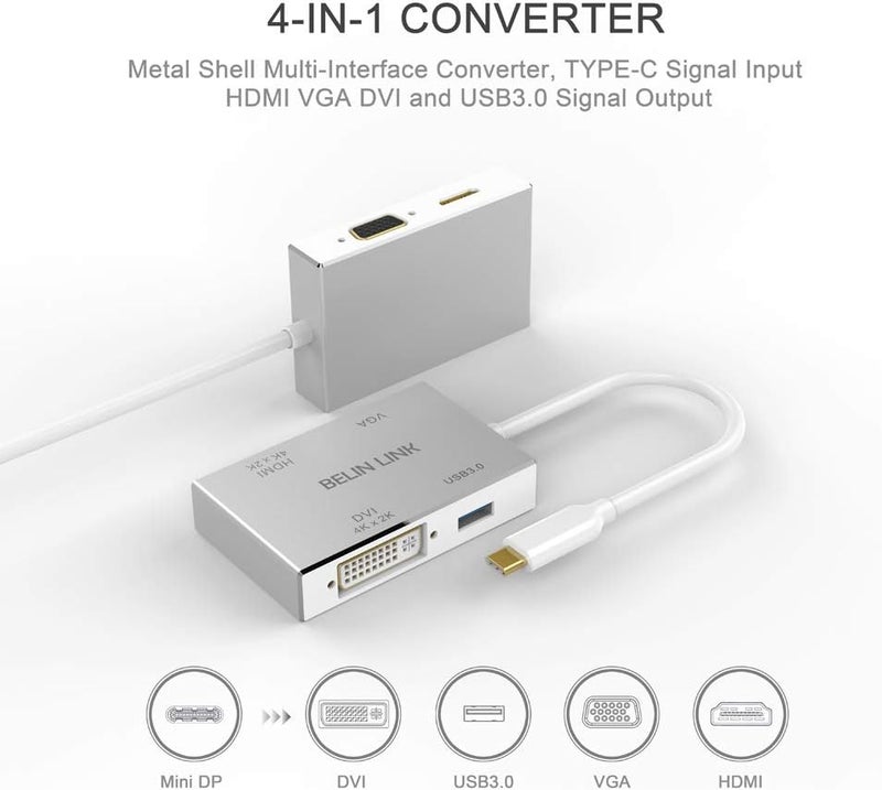 BELIN LINK محول USB C إلى HDMI DVI VGA USB3.0، مركز USB 3.1 Type-C 4 في 1 إلى HDMI DVI 4K VGA محول (متوافق مع Thunderbolt 3)، محول USB-C لجهاز MacBook/MacBook Pro air/Surface pro - Image 2