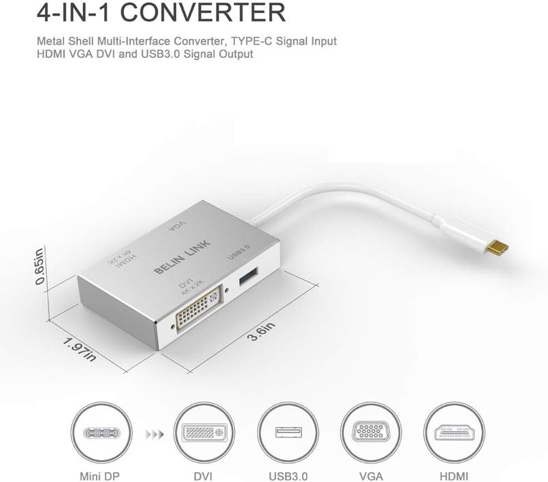 BELIN LINK محول USB C إلى HDMI DVI VGA USB3.0، مركز USB 3.1 Type-C 4 في 1 إلى HDMI DVI 4K VGA محول (متوافق مع Thunderbolt 3)، محول USB-C لجهاز MacBook/MacBook Pro air/Surface pro - Image 5