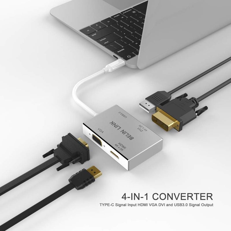 BELIN LINK محول USB C إلى HDMI DVI VGA USB3.0، مركز USB 3.1 Type-C 4 في 1 إلى HDMI DVI 4K VGA محول (متوافق مع Thunderbolt 3)، محول USB-C لجهاز MacBook/MacBook Pro air/Surface pro - Image 3