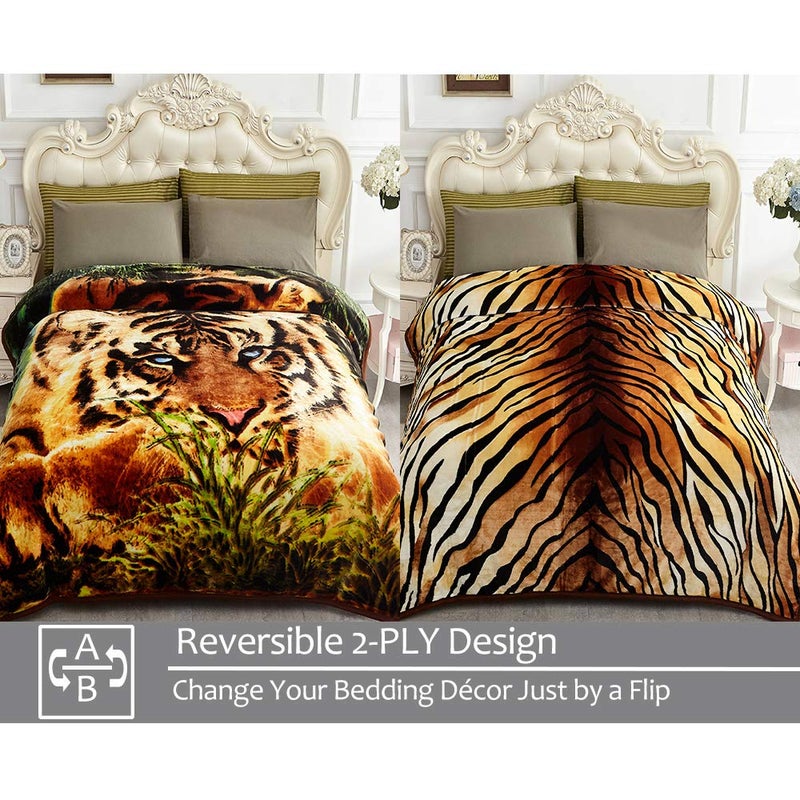 JYK Korean Faux Mink Fleece Blanket 75â€x87â€ and 5 LB Mink Blanket - 2 Ply Reversible 520GSM Silky Soft Plush Warm Blanket for Autumn Winter, A&B Pattern (Queen, Tiger/Tiger Stripes) - Image 3