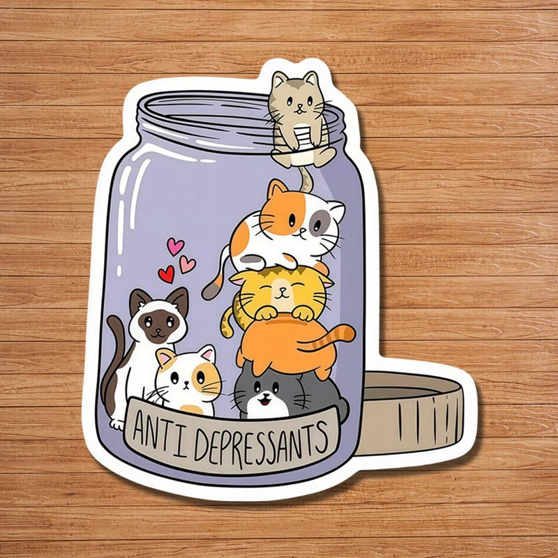 ANTI DEPRESSANTS Cat Sticker 3 inch Multicolor Kawaii Healing Decal - Image 1