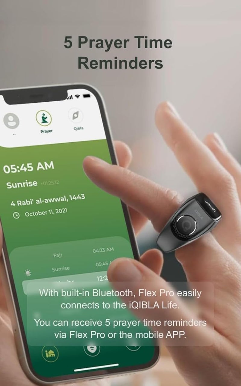 خاتم Zikr Flex Pro (مقاوم للماء) ، خاتم مكافحة Tasbih المعدني ، إشعار تذكير الصلاة المسلمة 5 مرات مع 3 أحجام متوافقة 3 في 1 (18,20,22mm) - Image 2