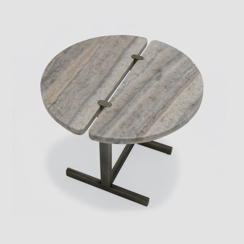 AL HUZAIFA FURNITURE Tierra Side Table In Grey Travertine Top, Antique Brass Legs - Image 2