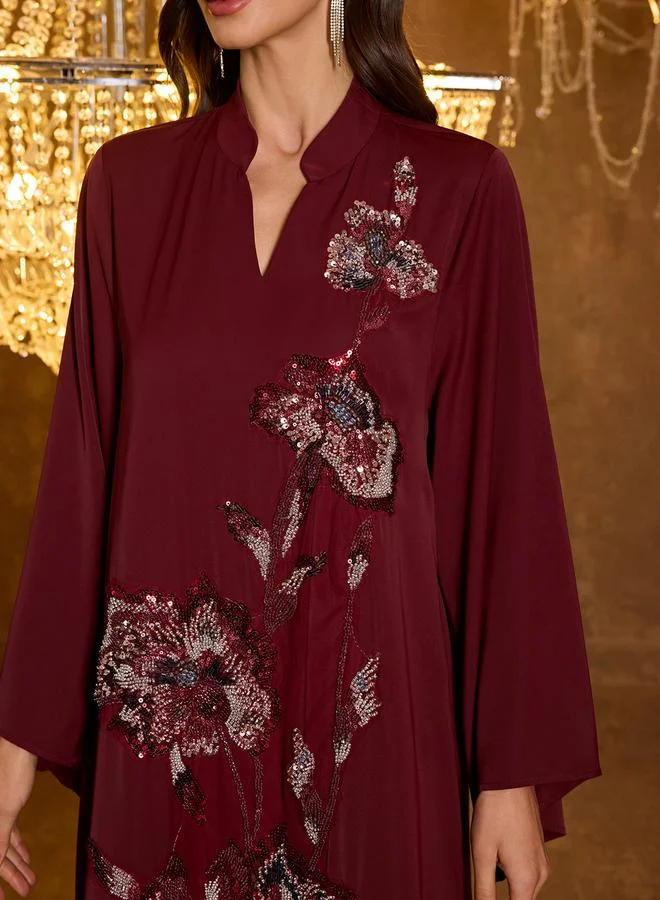 Supgir  Burgundy Floral Embroidery A-Line Jalabiya for Women | Best Price UAE