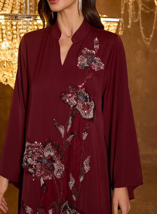 SUPGIR Burgundy Floral Embroidery A-Line Jalabiya - Image 4