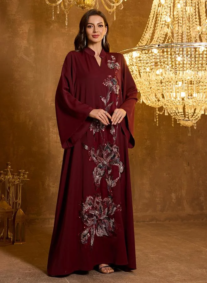 SUPGIR Burgundy Floral Embroidery A-Line Jalabiya