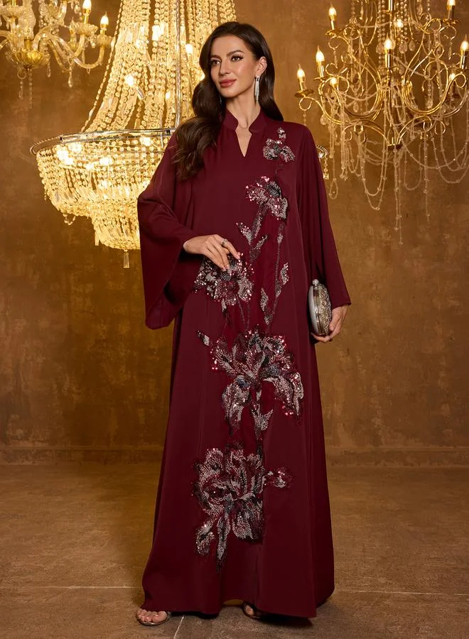 SUPGIR Burgundy Floral Embroidery A-Line Jalabiya