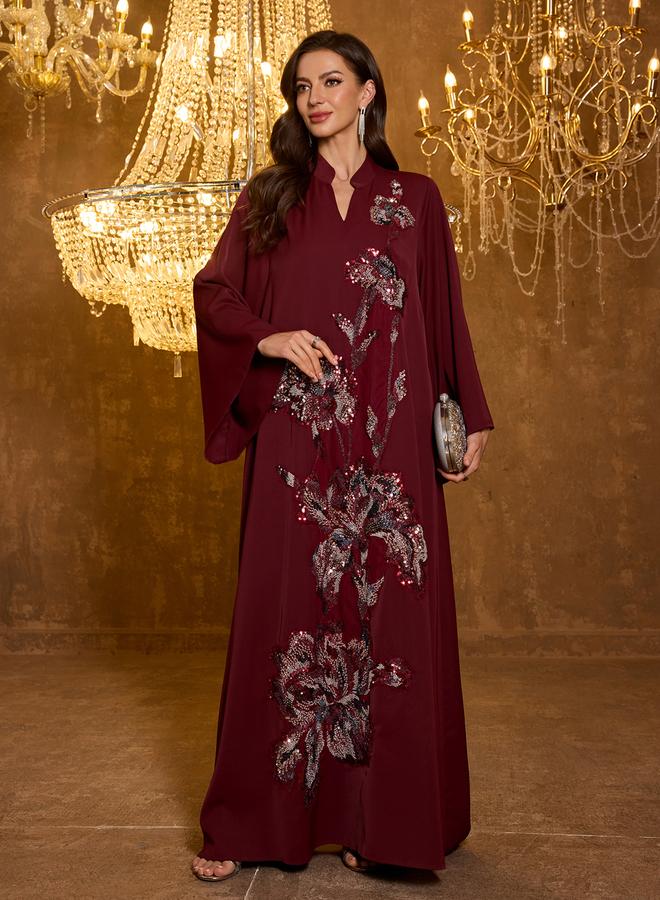 SUPGIR Burgundy Floral Embroidery A-Line Jalabiya - Image 1