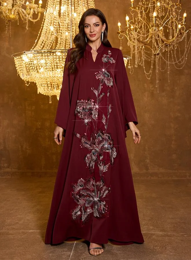 Supgir  Burgundy Floral Embroidery A-Line Jalabiya for Women | Best Price UAE
