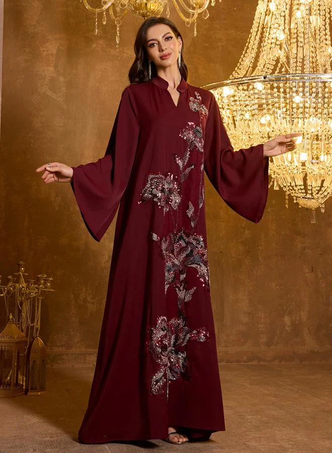 Supgir  Burgundy Floral Embroidery A-Line Jalabiya for Women | Best Price UAE