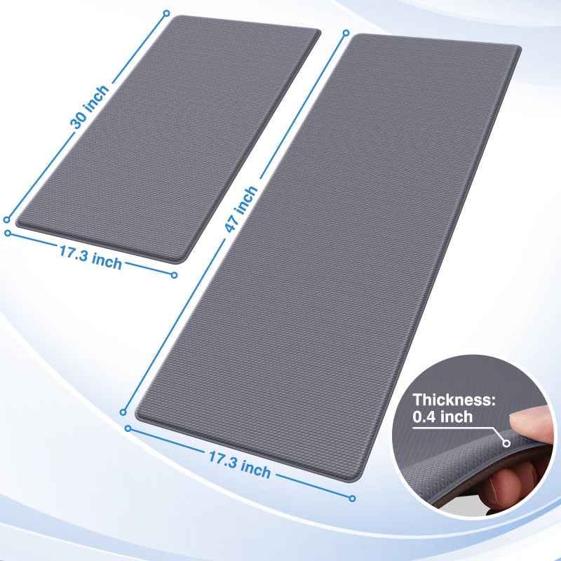 StepRite Kitchen Mats, 2PCS Kitchen Rugs, Cushioned Anti Fatigue Kitchen Mats for Floor, Non-Slip Standing Desk Mat, Waterproof Kitchen Rug Set for Kitchen, Floor, Office, 17.3"x30"+17.3"x47", Grey - Image 2
