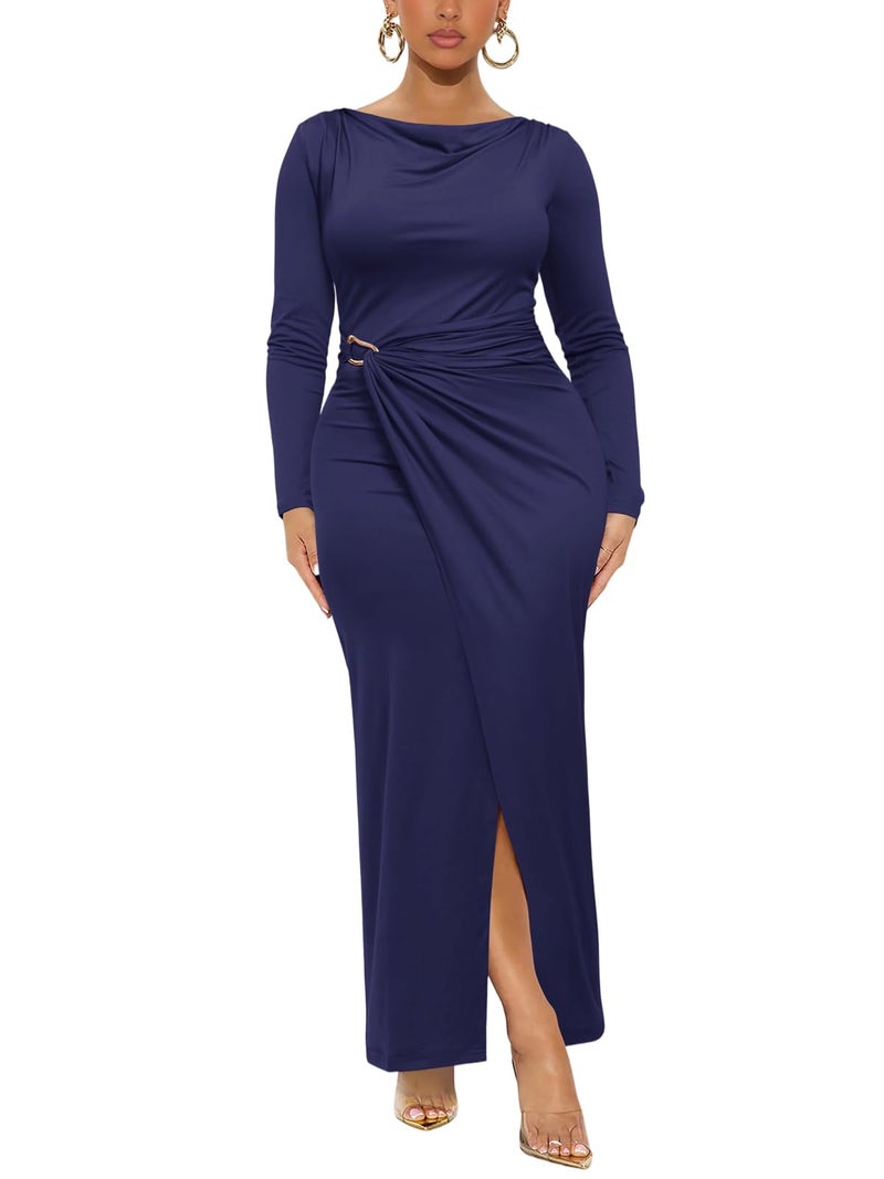 Ekaliy Womens Long Sleeve Bodycon Dress Elegant Cocktail Party Long Dresses Fall Wedding Guest Dresses Navy Blue XL - Image 1