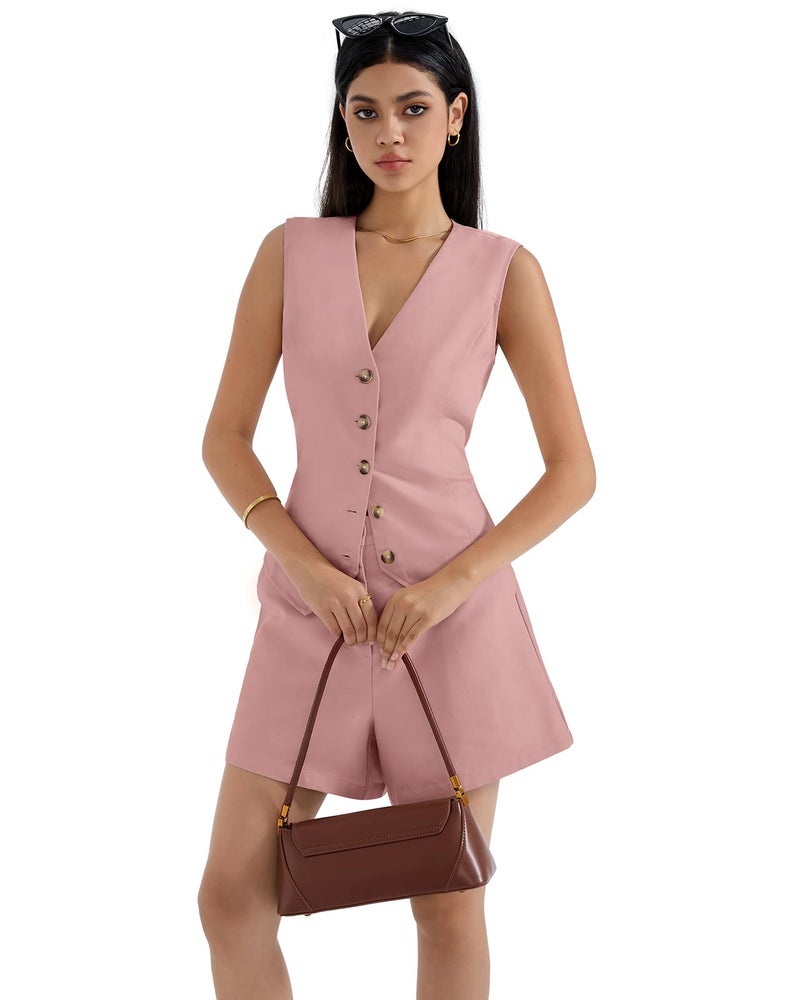 SUUKSESS Women's Summer 2 Piece Sets Button Down V Neck Vest Waistcoat and Pockets Shorts Sets(Pink, S) - Image 2