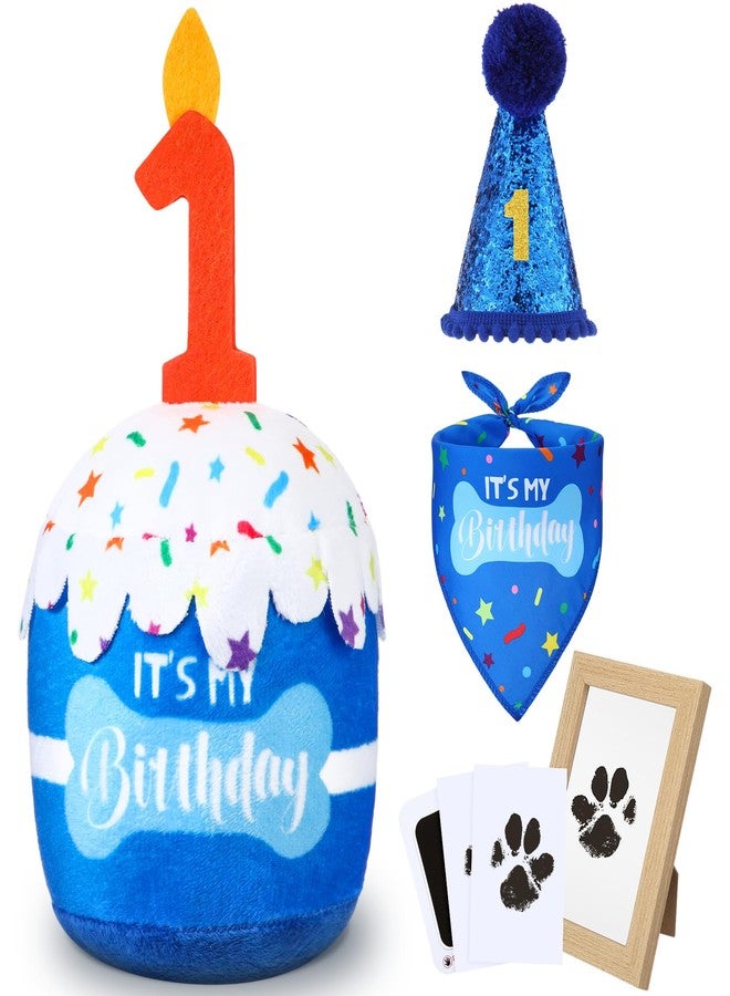 Cutecrop Dog 1st Birthday Gifts Set, Dog Boy Girl Christmas Birthday Decorations, Blue Hat Bandana Squeaky Cake Toy Paw Print Kit for Small, Medium, Large Pets - Image 1