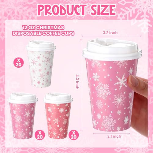 Jingmore 60 Pcs Pink Snowflake Disposable Coffee Cups 12 oz Christmas Coffee Cups with Lid Insulated Paper Drinkware for Hot Cold Drinks Christmas Holiday Birthday Party Supplies - Image 3