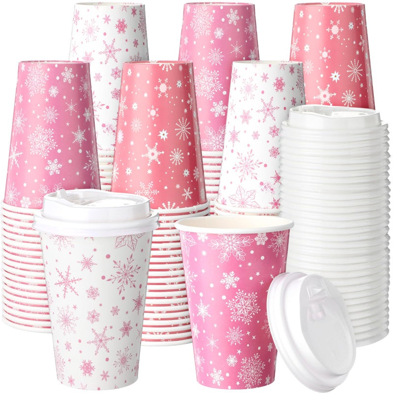Jingmore 60 Pcs Pink Snowflake Disposable Coffee Cups 12 oz Christmas Coffee Cups with Lid Insulated Paper Drinkware for Hot Cold Drinks Christmas Holiday Birthday Party Supplies - Image 2