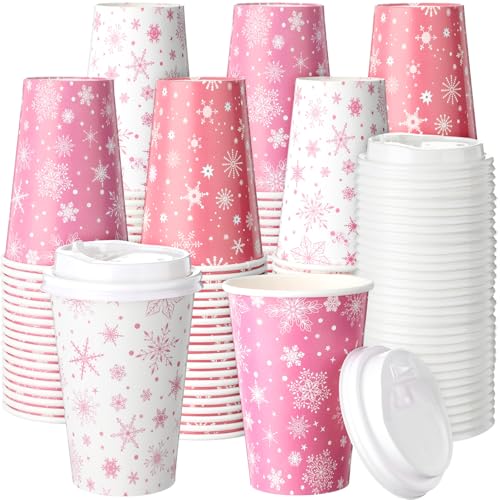 Jingmore 60 Pcs Pink Snowflake Disposable Coffee Cups 12 oz Christmas Coffee Cups with Lid Insulated Paper Drinkware for Hot Cold Drinks Christmas Holiday Birthday Party Supplies - Image 1