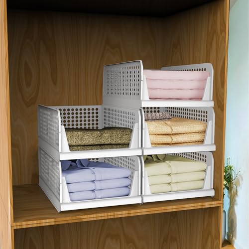 HomeStrap Set of 5, Stack it Up | Large Cloth Stacker | Foldable Shirt Storage Stacker for Wardrobe | Plastic Stackable Closet Organizer | White - Image 1