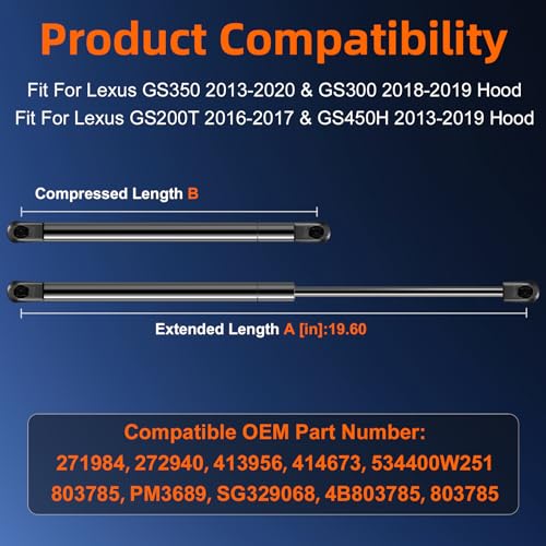 Euplokeer Qty (2) Front Hood Strut Lift Support Compatible with Lexus GS350 2013-2020 and GS300 2018-2019, Bonnet Gas Shock Strut for Lexus GS200T 2016-2017 and GS450H 2013-2019 Replace OE# 534400W251 - Image 2