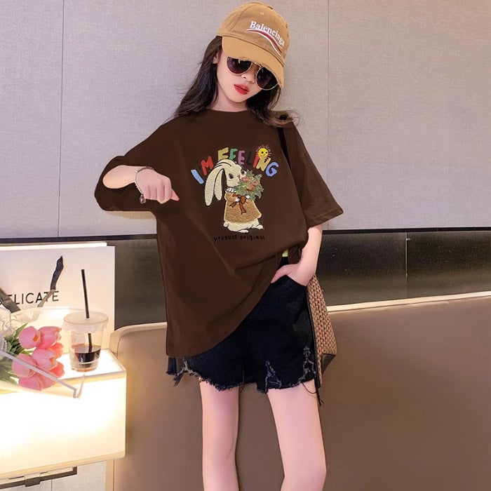 Girls' T-Shirt 2026 Style For Older Girls, Middle School Students, Printed Short-Sleeve Loose Top For Children, Trendy - Image 1