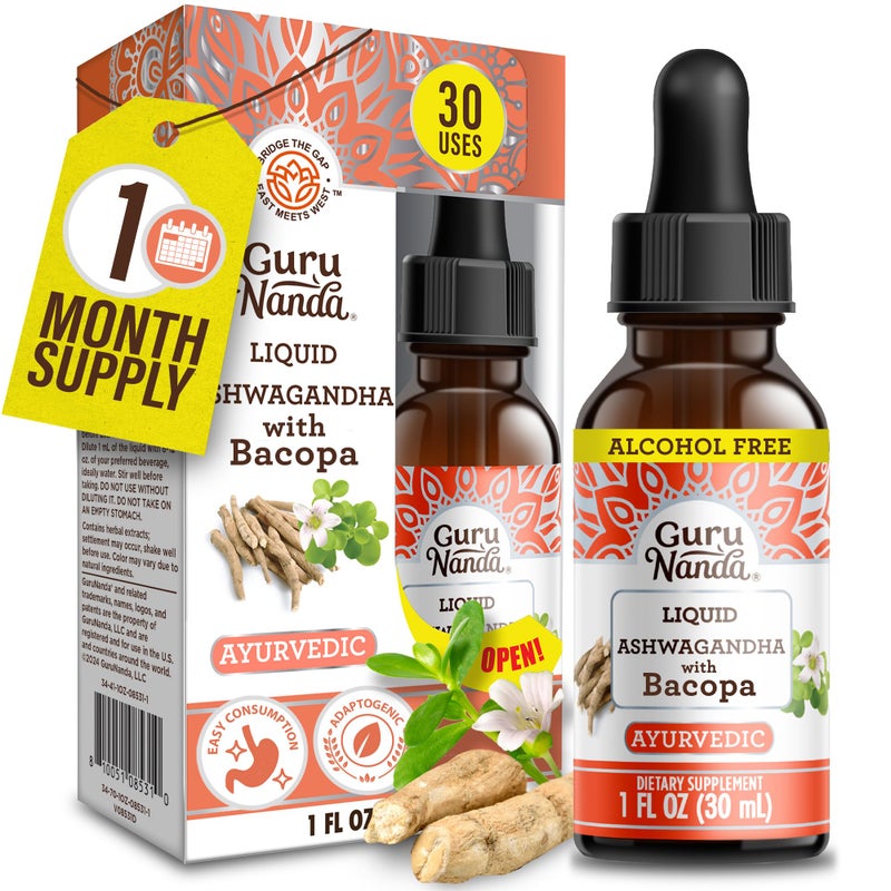 GuruNanda Liquid Ashwagandha with Bacopa 1 Fl Oz Natural Dietary Supplement Liquid Extract Drops for Men Women Vegan AlcoholFree Aids in Immune Focus Relaxation Support