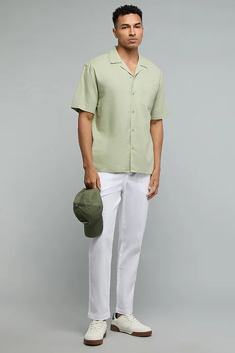 R&B Solid Shirt with Revere Collar and Short Sleeves