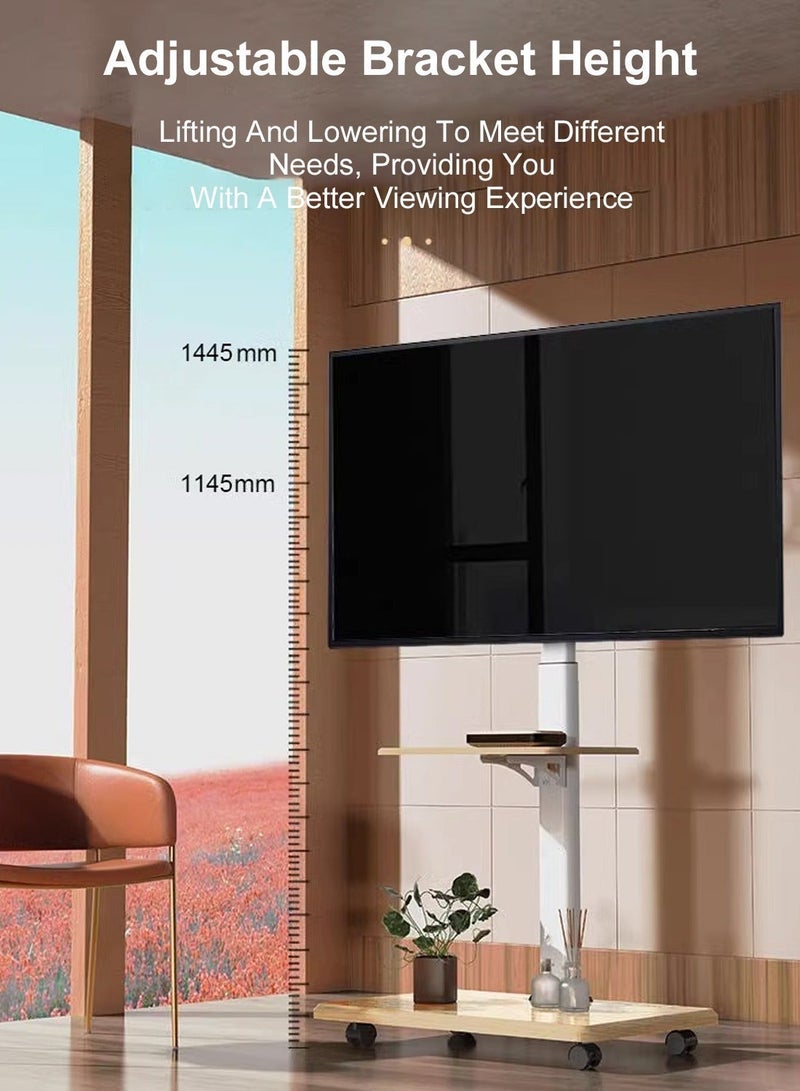 فلاشهوك حامل تلفزيون أرضي متحرك لأجهزة التلفزيون من 26 إلى 70 بوصة مع قاعدة تخزين ذات رف واحد، عربة متنقلة محمولة بعجلات، مع حامل دوار، حوامل زاوية عالمية لغرفة النوم، للاستخدام الخارجي - Image 2