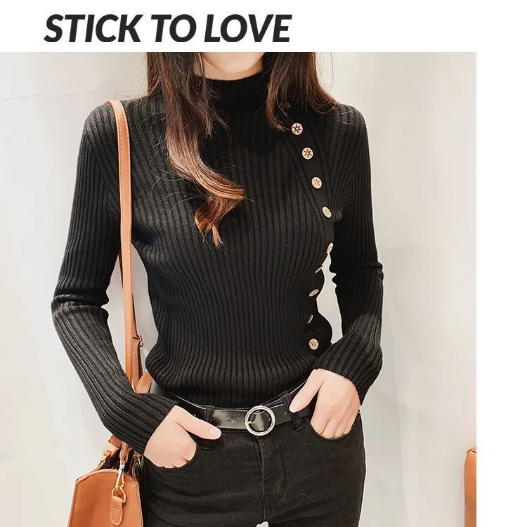 OUTZIDR  Black Full Sleeve Button Trim Fitted Sweaters  | Best Price UAE