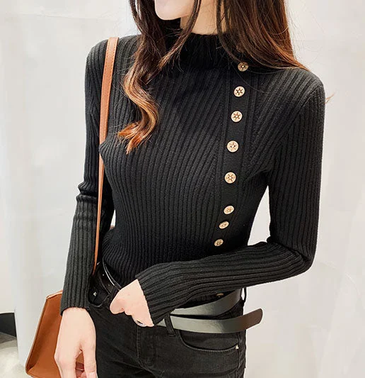 Black Full Sleeve Button Trim Fitted Sweaters
