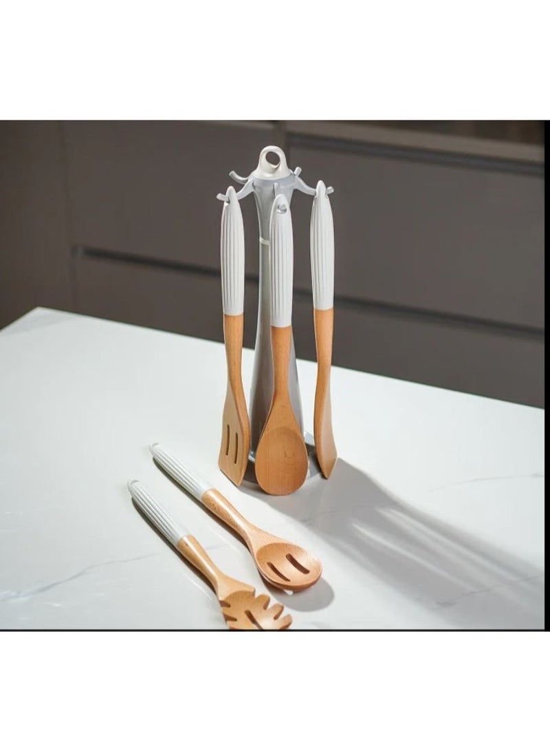 مجموعة أدوات طبخ سيليكون 5 قطع بمقابض خشبية أنيقة مع حامل – عملية، متينة، وآمنة للاستخدام اليومي مع جميع أنواع الأواني. - Image 1