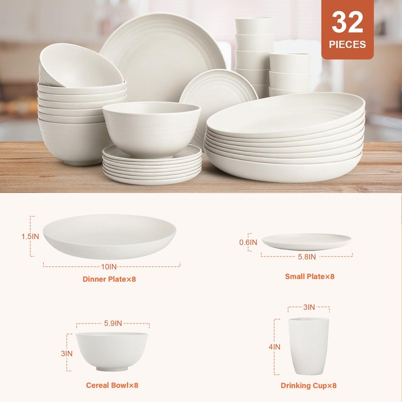 BUSOKIP Plates and Bowls Sets for 8, Unbreakable & Lightweight Wheat Straw Dinnerware Sets 32 PCS, Microwave Safe Dishes Set for 8, Dinner Plate, Kitchen Cups and Bowls for Outdoor- White - Image 2