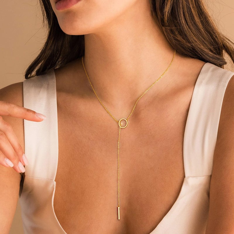Yoosteel Lariat Necklace for Women - Dainty Circle Bar Pendant Necklaces 14K-Gold-Plated Long Simple Y-Shaped Drop Chain Jewelry Trendy Gifts - Image 3