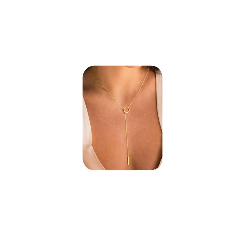Yoosteel Lariat Necklace for Women - Dainty Circle Bar Pendant Necklaces 14K-Gold-Plated Long Simple Y-Shaped Drop Chain Jewelry Trendy Gifts - Image 1